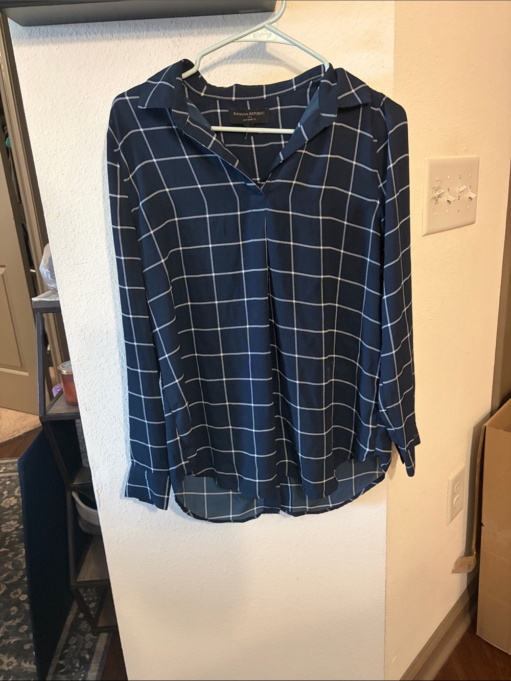 Banana Republic Navy and White Windowpane Blouse